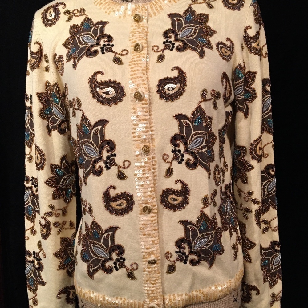 JUST B brand Sequin/Beaded evening cardigan, Pale Yellow, Women’s Size Small